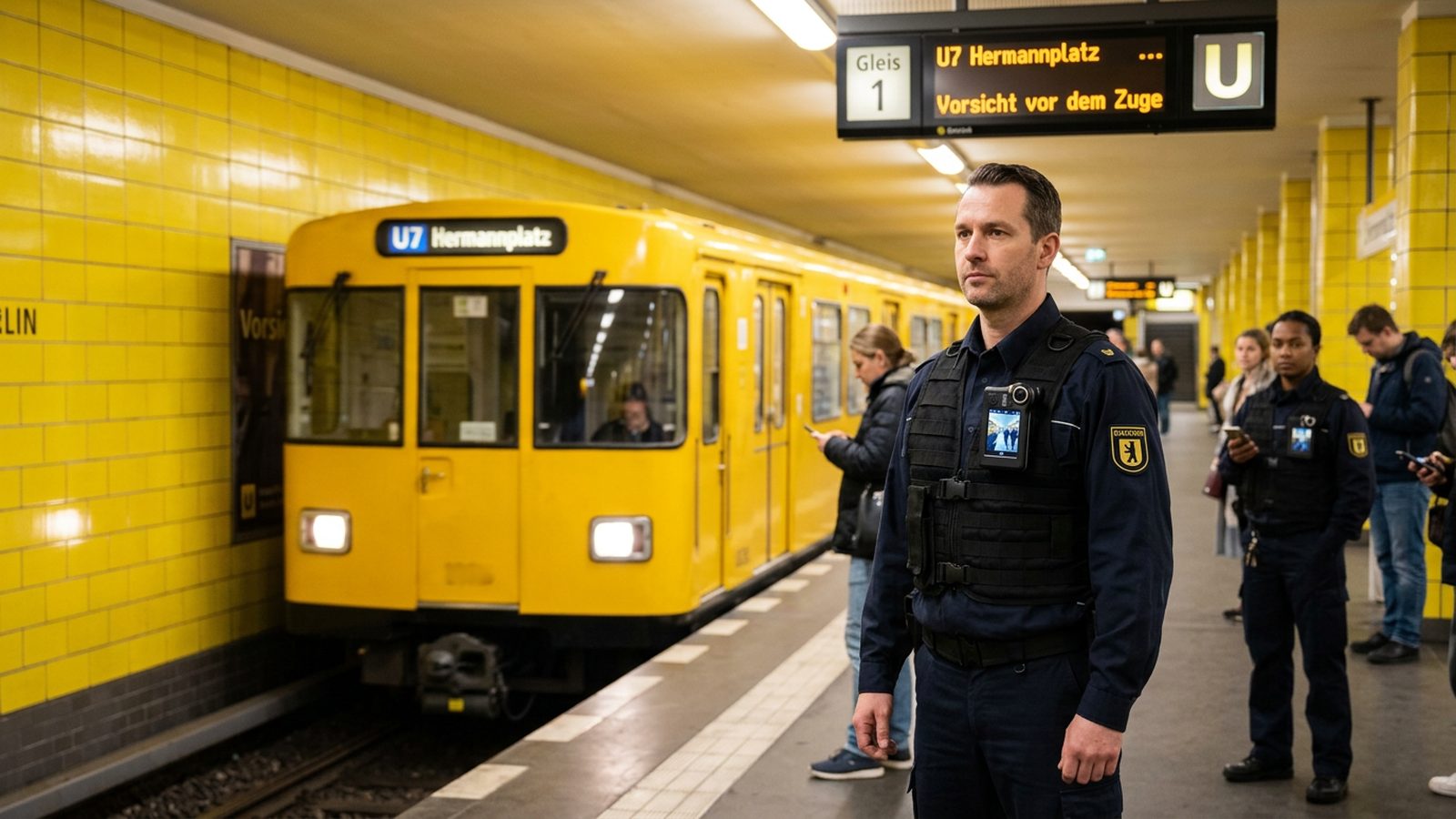 BVG Sicherheitskraft an Berliner U-Bahn-Station mit Body-Cam