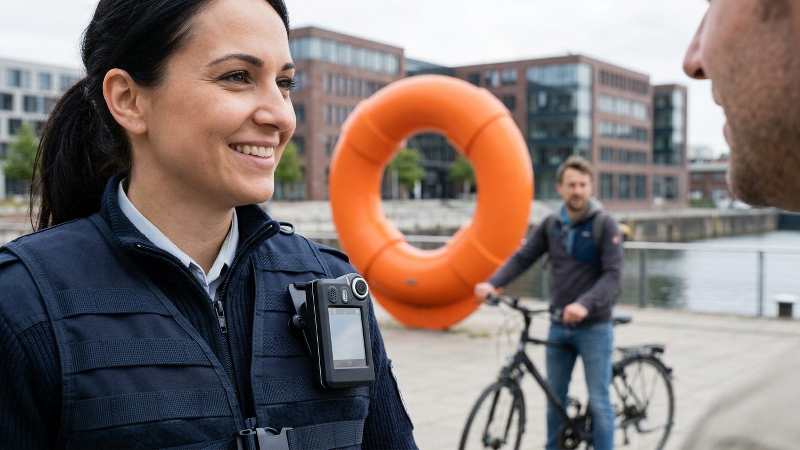 Ordnungsamt Duisburg an der Lifesaver-Skulptur mit Body-Cam
