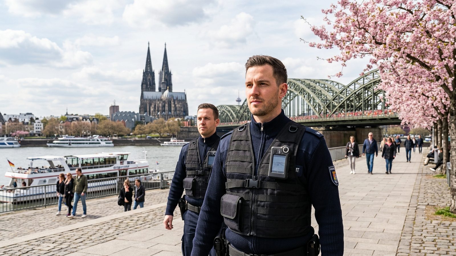 Ordnungsamt Köln am Rheinufer mit Blick auf den Dom mit Body-Cam