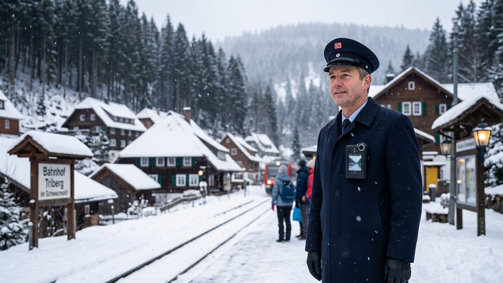 Schwarzwaldbahn Zugbegleiter am Bergbahnhof mit Body-Cam